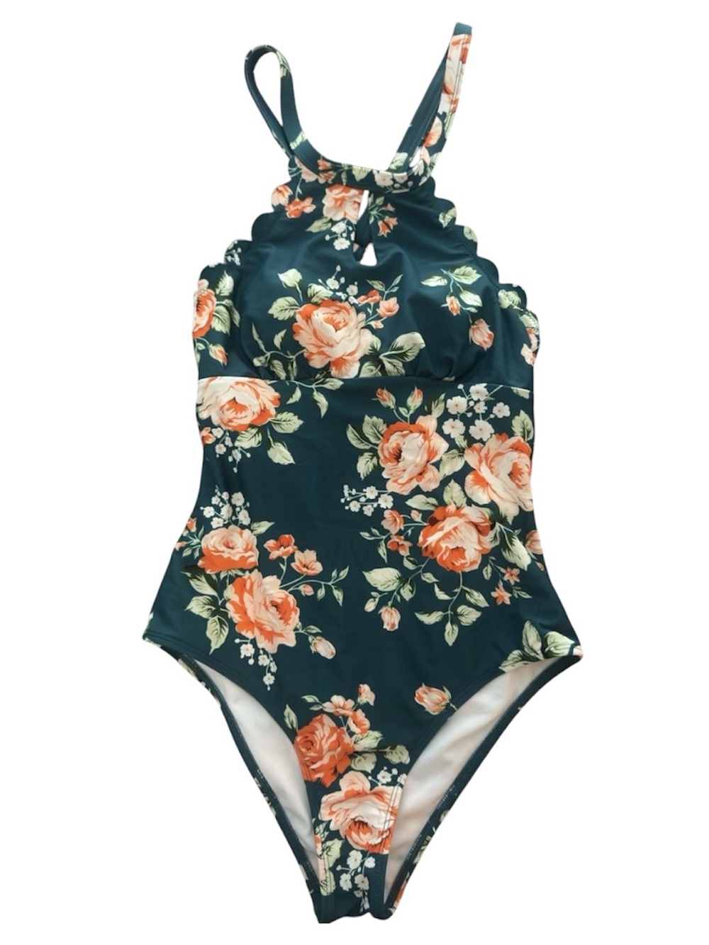 Cupshe Teal Floral One Piece Swimsuit XS Keyhole Crossback Adjustable